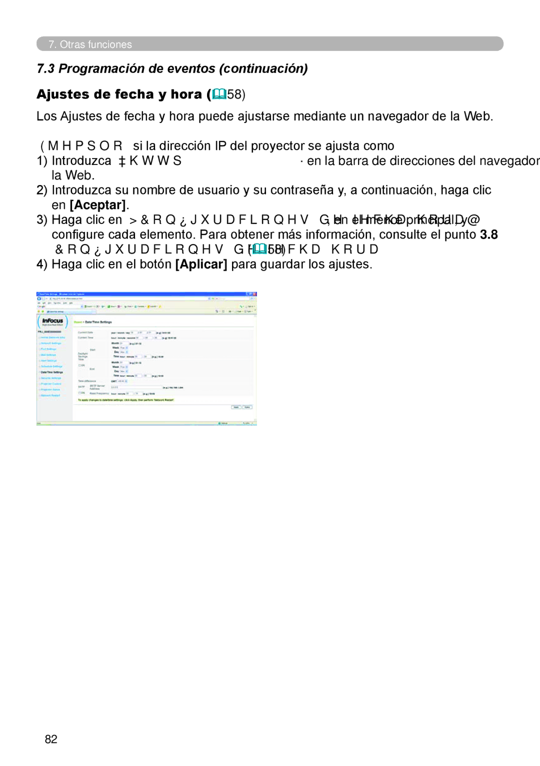 InFocus W61, W60 manual Ajustes de fecha y hora 58, Configuraciones de fecha/hora. &58 
