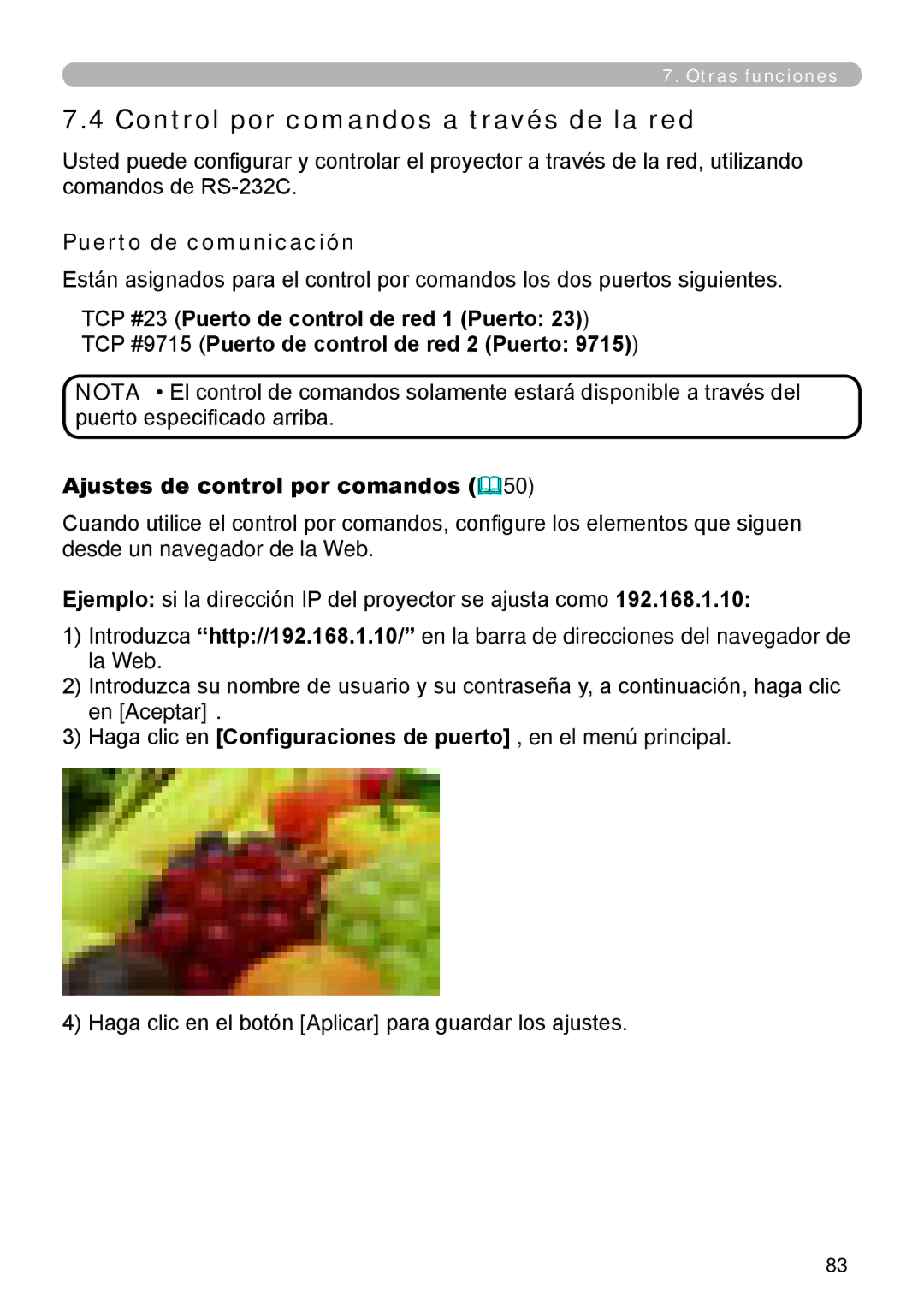 InFocus W60, W61 manual Control por comandos a través de la red, Puerto de comunicación, Ajustes de control por comandos 50 