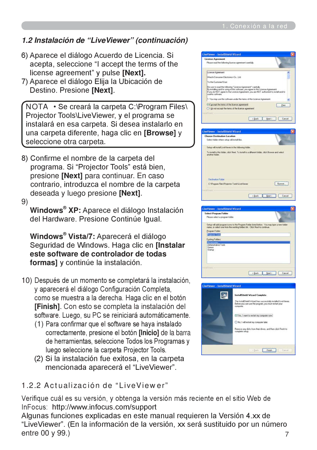 InFocus W60, W61 manual Instalación de LiveViewer continuación, Actualización de LiveViewer 