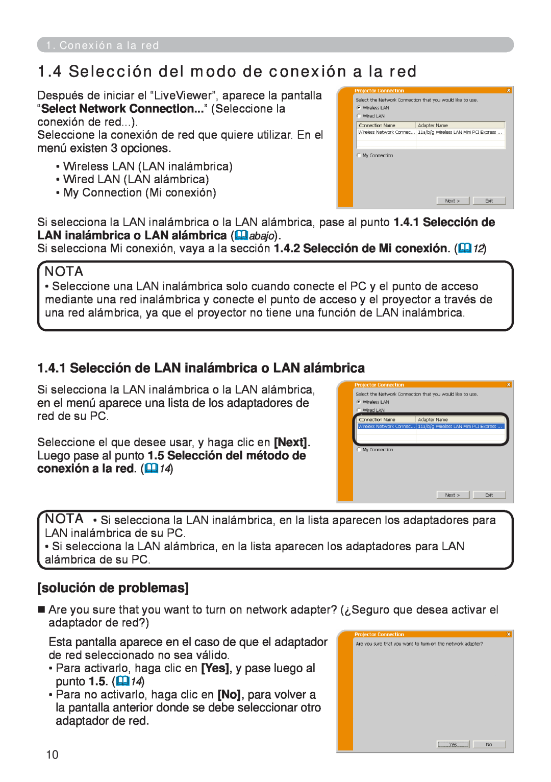 InFocus W61, W60 manual Selección del modo de conexión a la red, Nota, Selección de LAN inalámbrica o LAN alámbrica 
