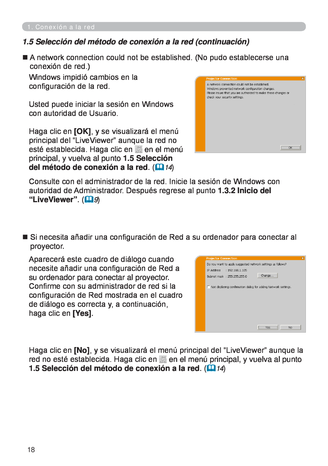 InFocus W61, W60 manual Selección del método de conexión a la red continuación 
