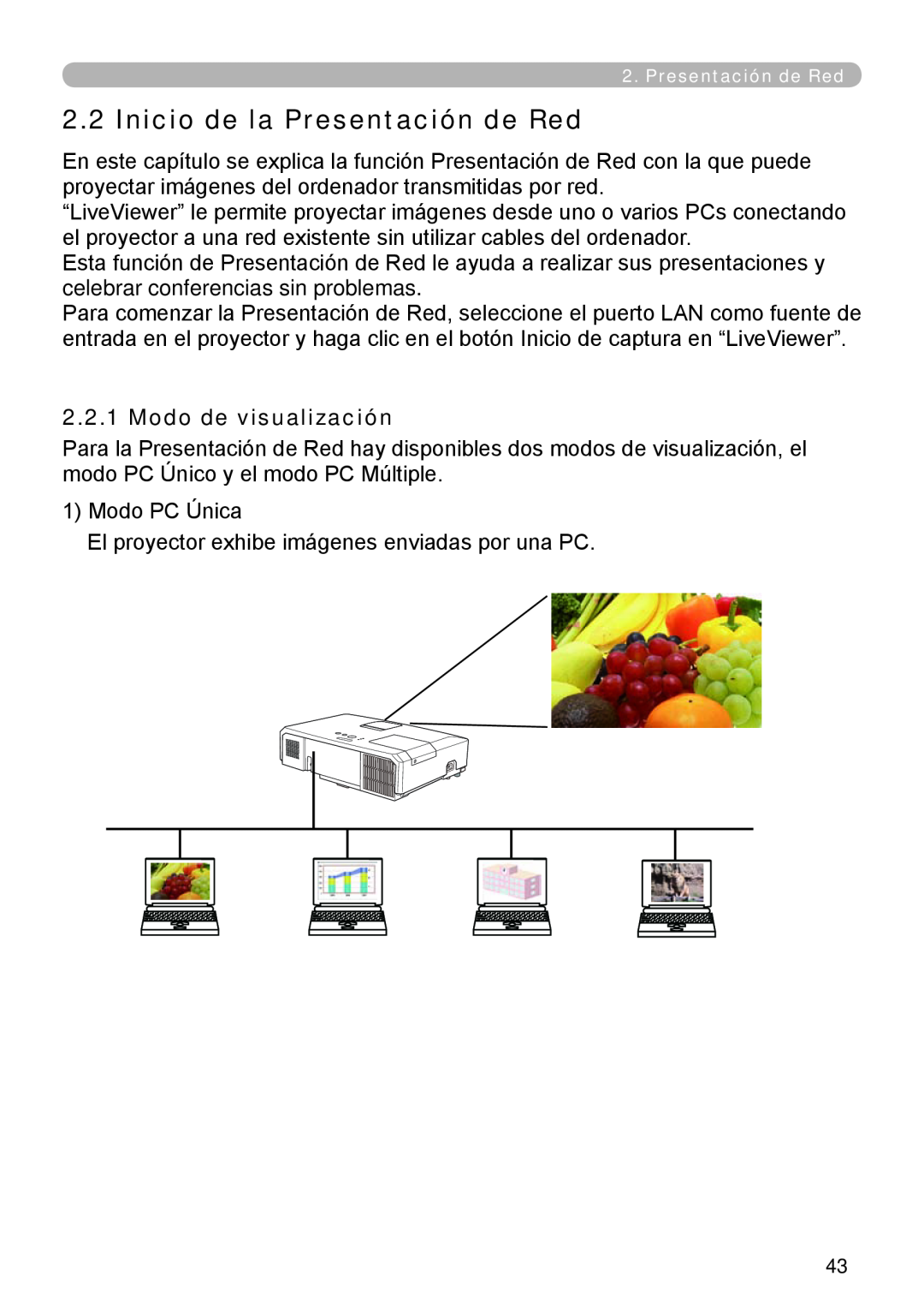 InFocus W60, W61 manual Inicio de la Presentación de Red, Modo de visualización 