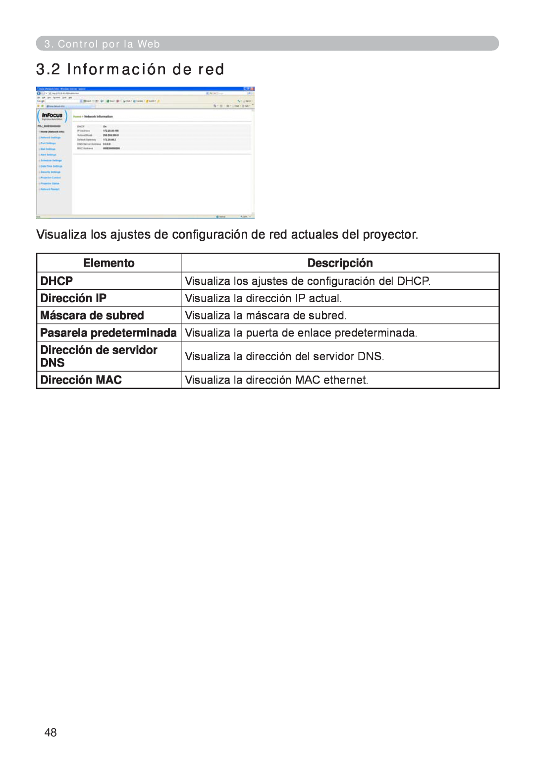 InFocus W61, W60 manual Información de red, Visualiza los ajustes de configuración de red actuales del proyector 