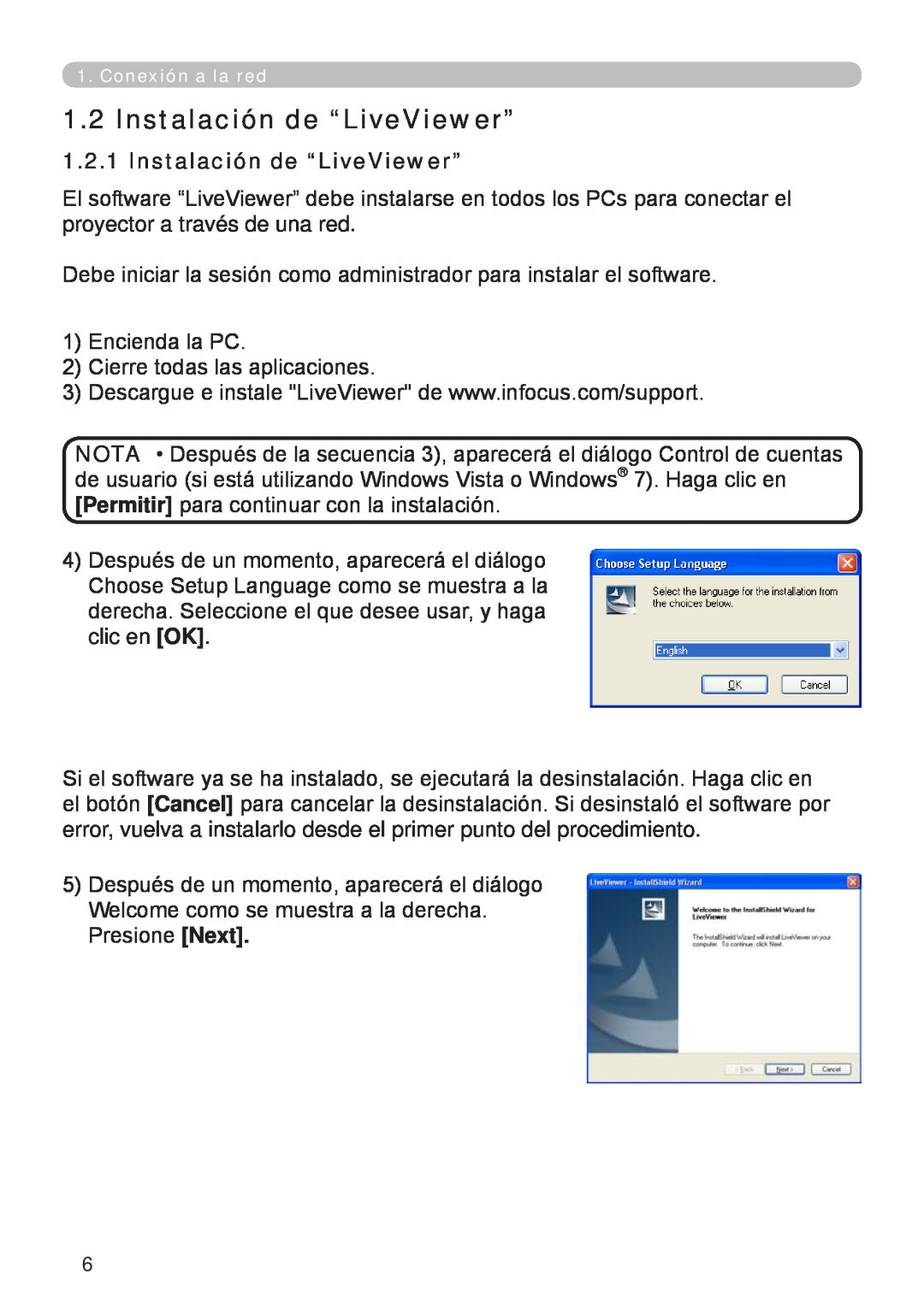 InFocus W61, W60 manual Instalación de “LiveViewer” 