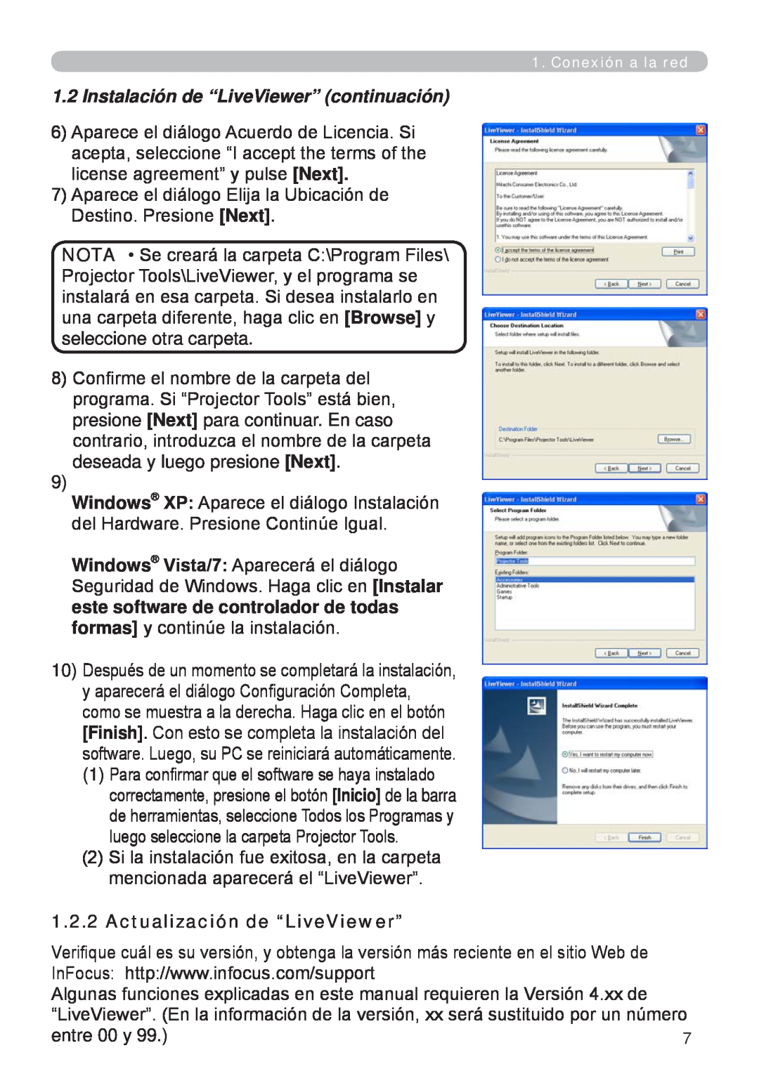 InFocus W60, W61 manual Instalación de “LiveViewer” continuación, Actualización de “LiveViewer” 