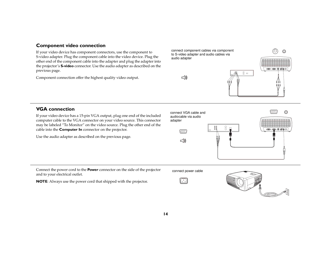 InFocus X1 manual Component video connection, VGA connection 