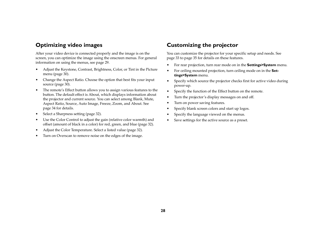 InFocus X1 manual Optimizing video images, Customizing the projector 