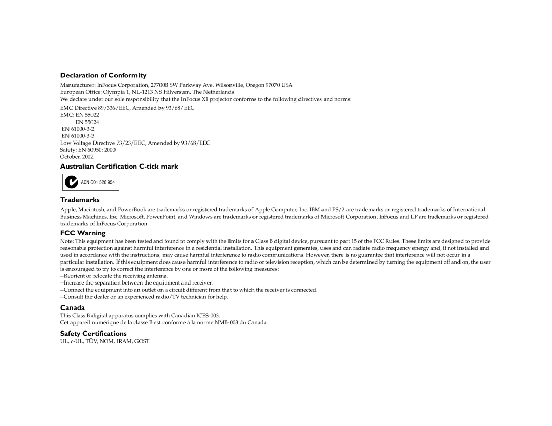 InFocus X1 manual Declaration of Conformity, Australian Certification C-tick mark Trademarks, FCC Warning, Canada 