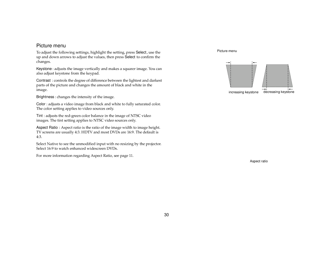 InFocus X1 manual Picture menu 