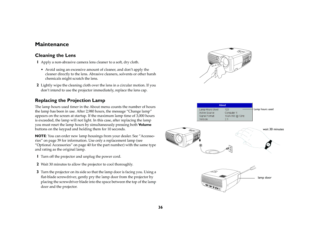 InFocus X1 manual Maintenance, Cleaning the Lens, Replacing the Projection Lamp 