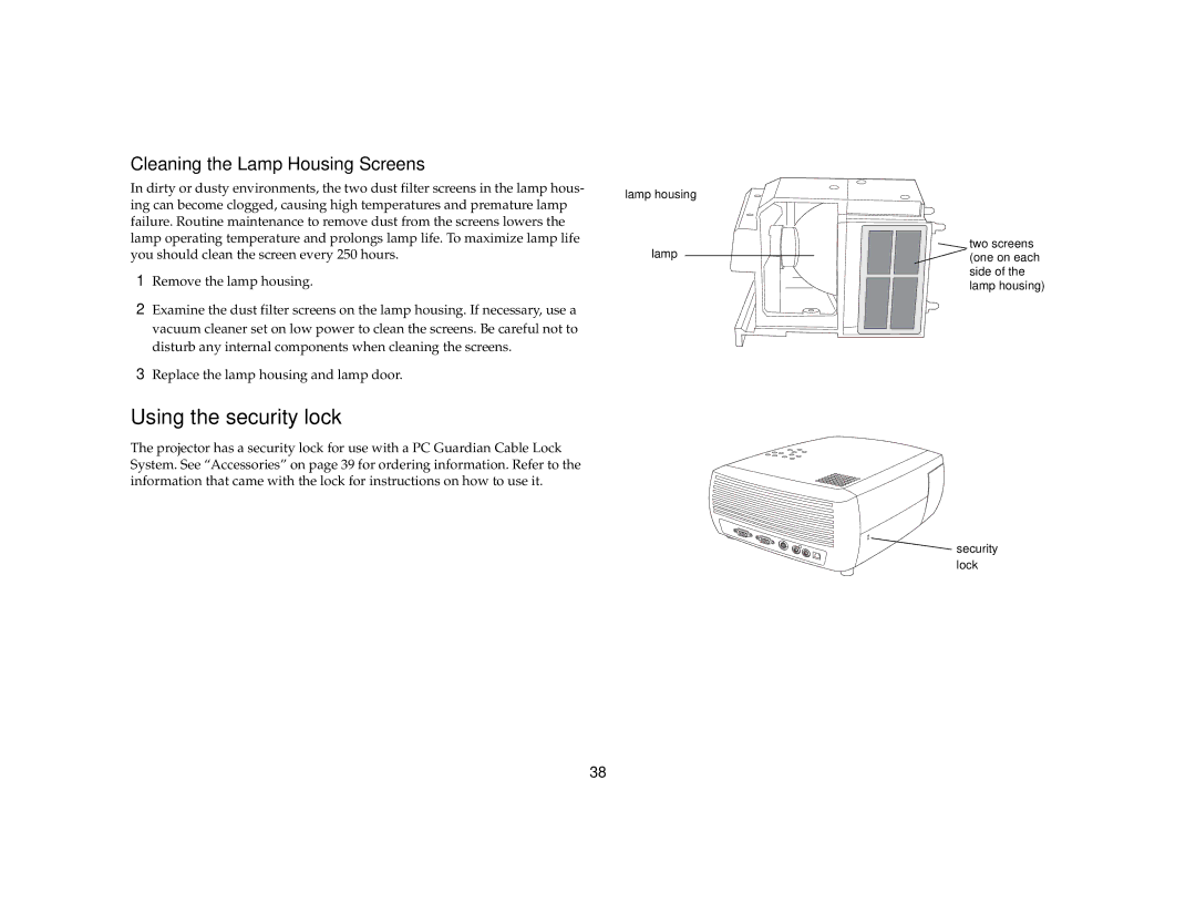 InFocus X1 manual Using the security lock, Cleaning the Lamp Housing Screens 