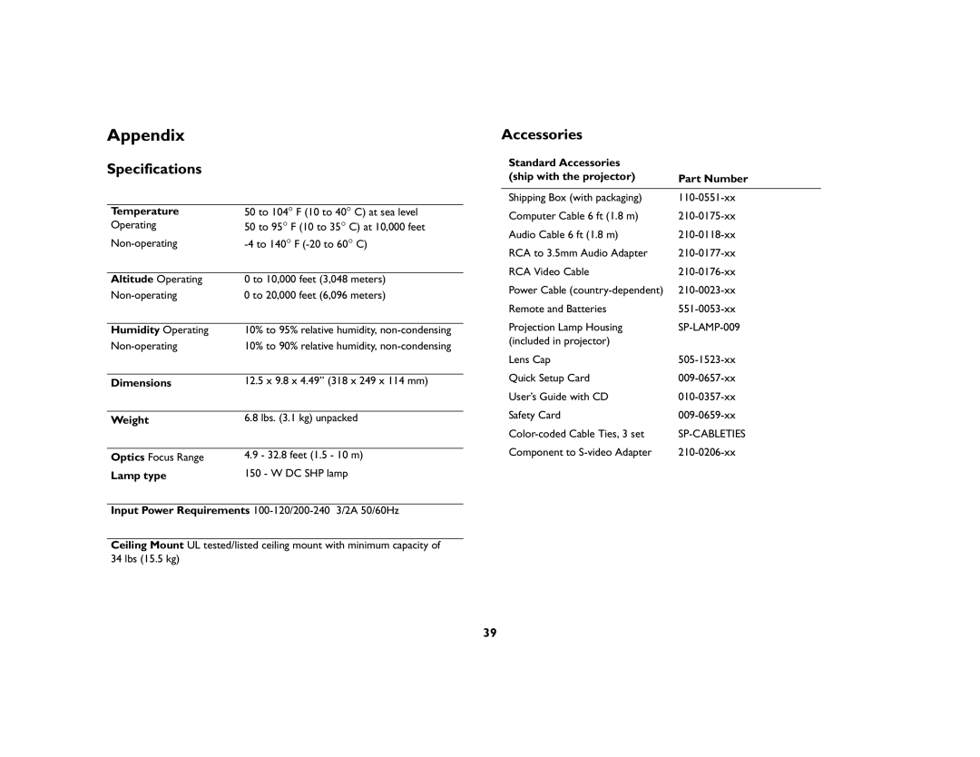 InFocus X1 manual Appendix, Specifications, Accessories 