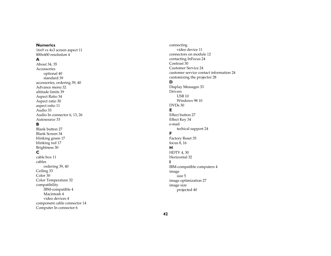 InFocus X1 manual Numerics 