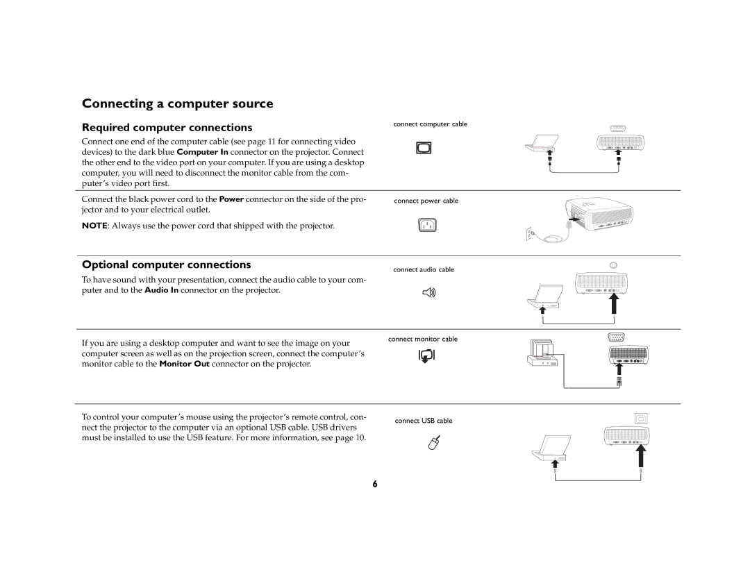 InFocus X1 manual Connecting a computer source, Required computer connections, Optional computer connections 