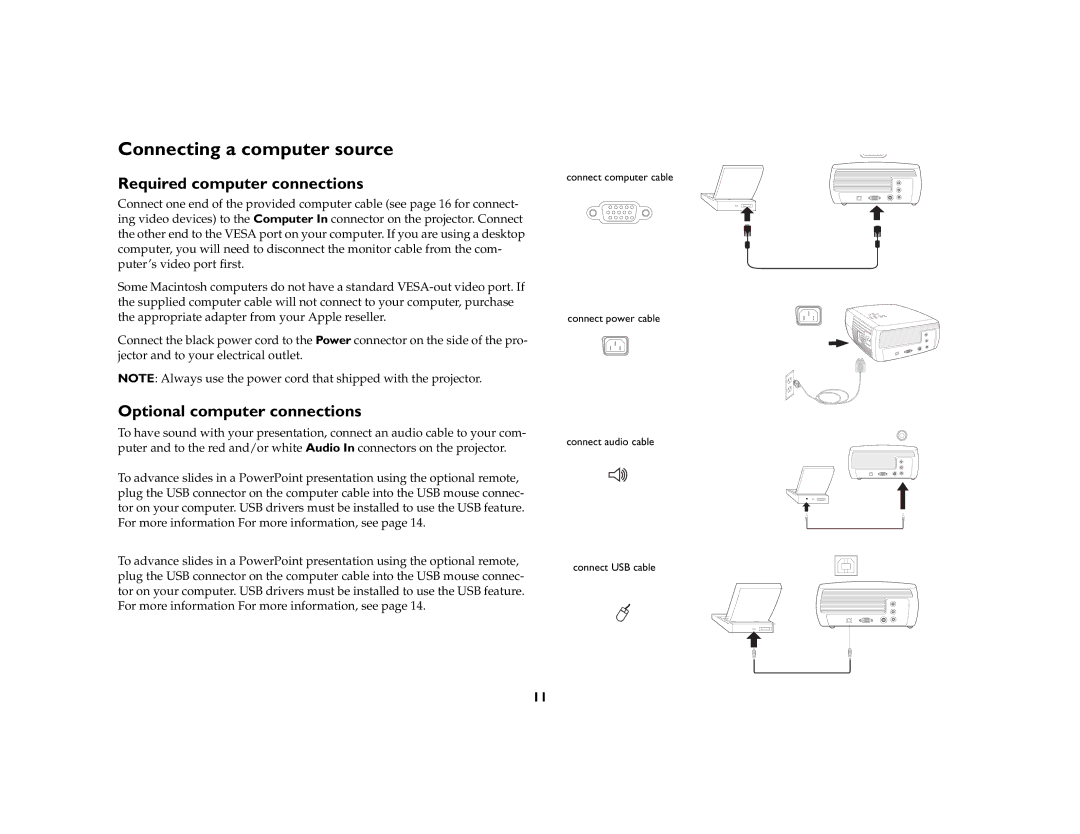 InFocus X1a manual Connecting a computer source, Required computer connections, Optional computer connections 