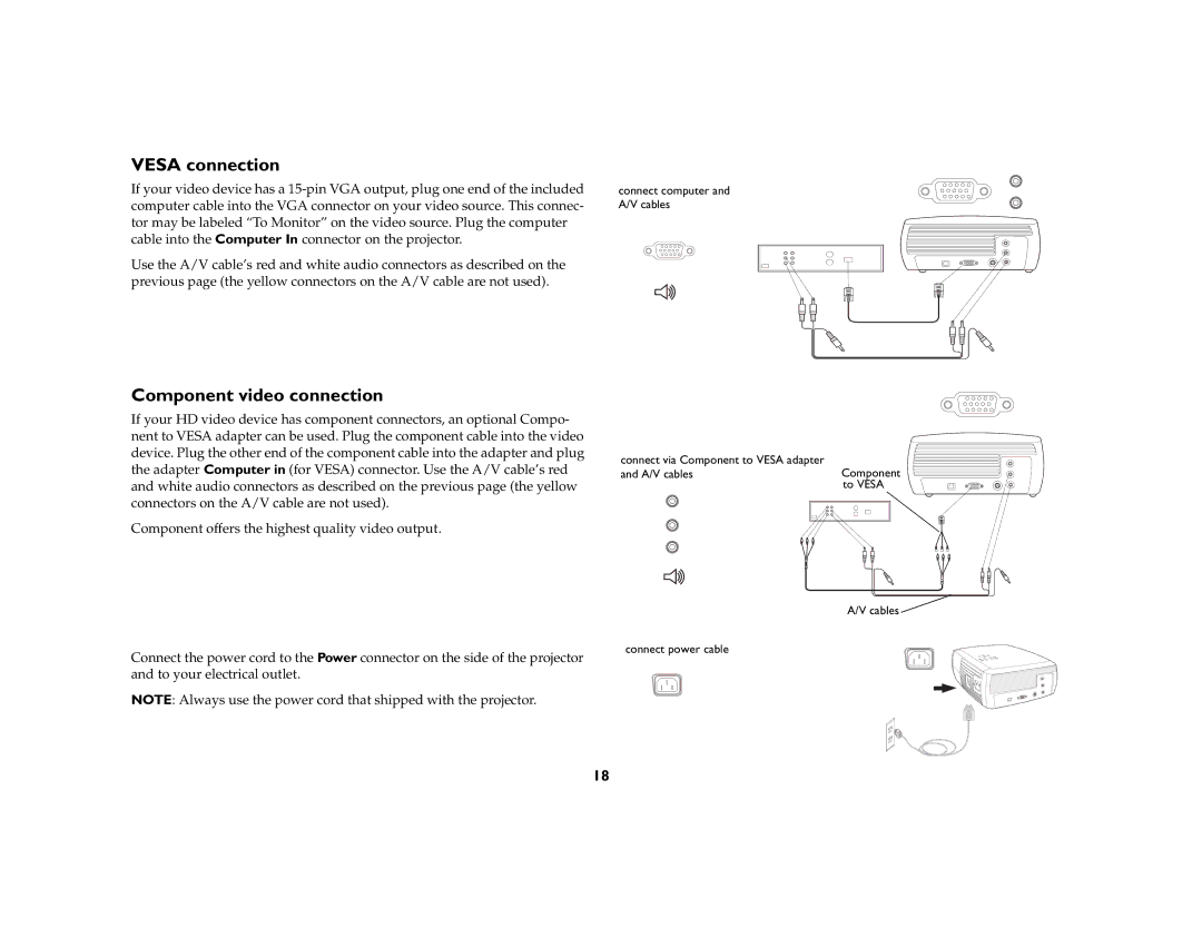 InFocus X1a manual Vesa connection, Component video connection 