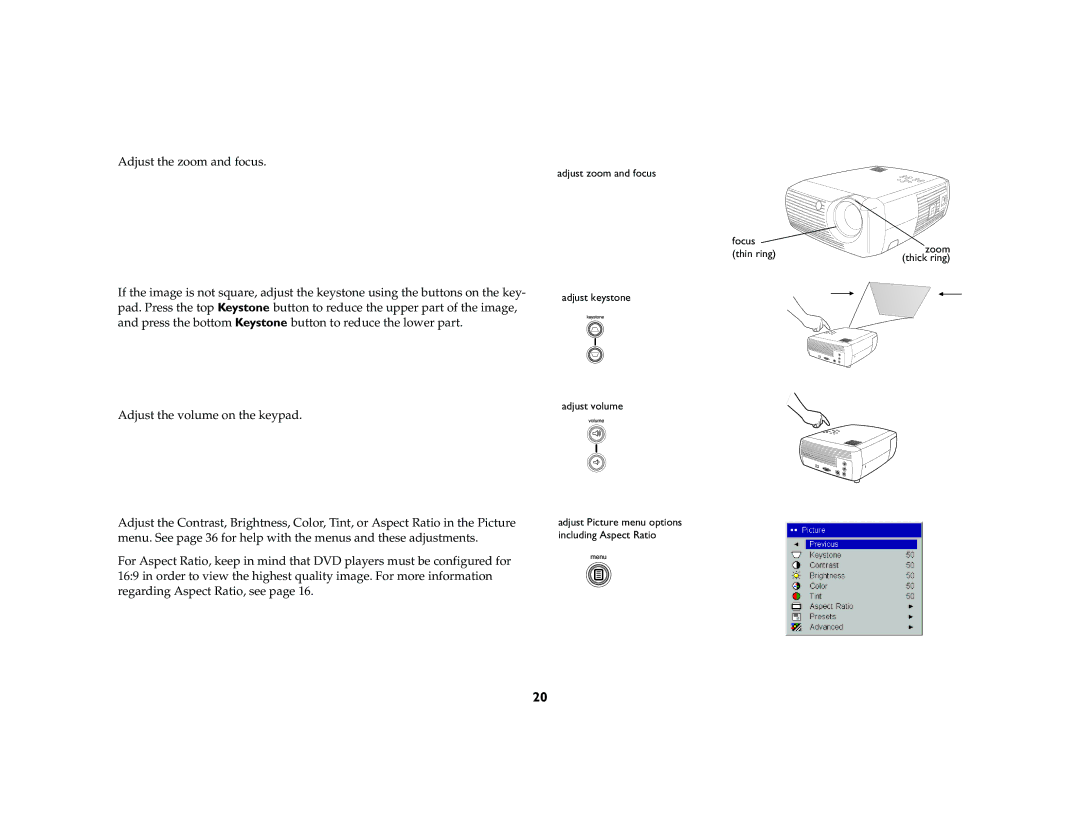 InFocus X1a manual Adjust Picture menu options including Aspect Ratio 