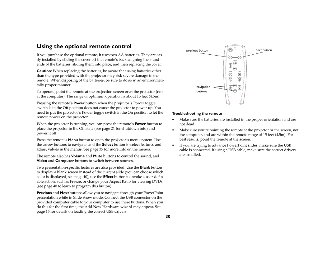 InFocus X1a manual Using the optional remote control, Troubleshooting the remote 