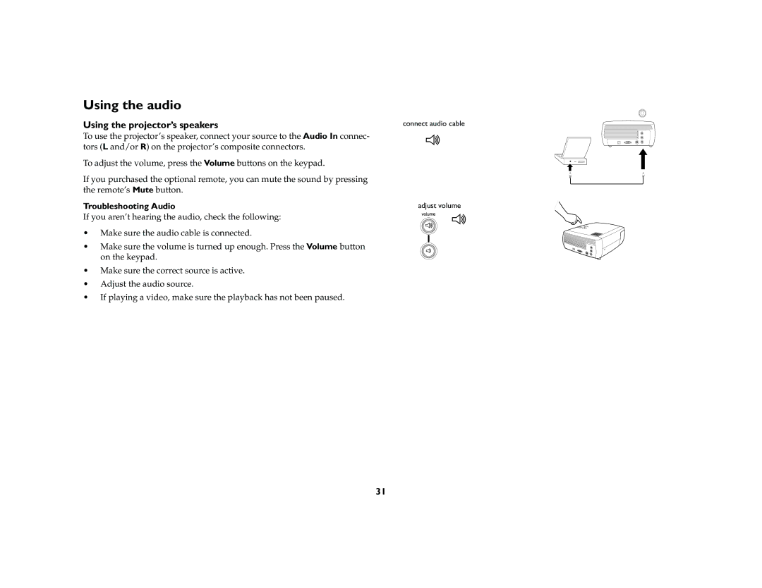 InFocus X1a manual Using the audio, Using the projector’s speakers, Troubleshooting Audio 