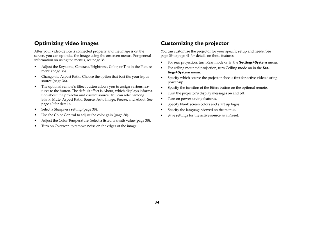 InFocus X1a manual Optimizing video images, Customizing the projector 