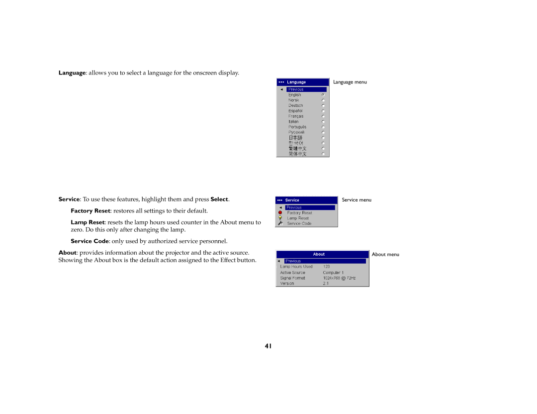 InFocus X1a manual Language menu Service menu About menu 