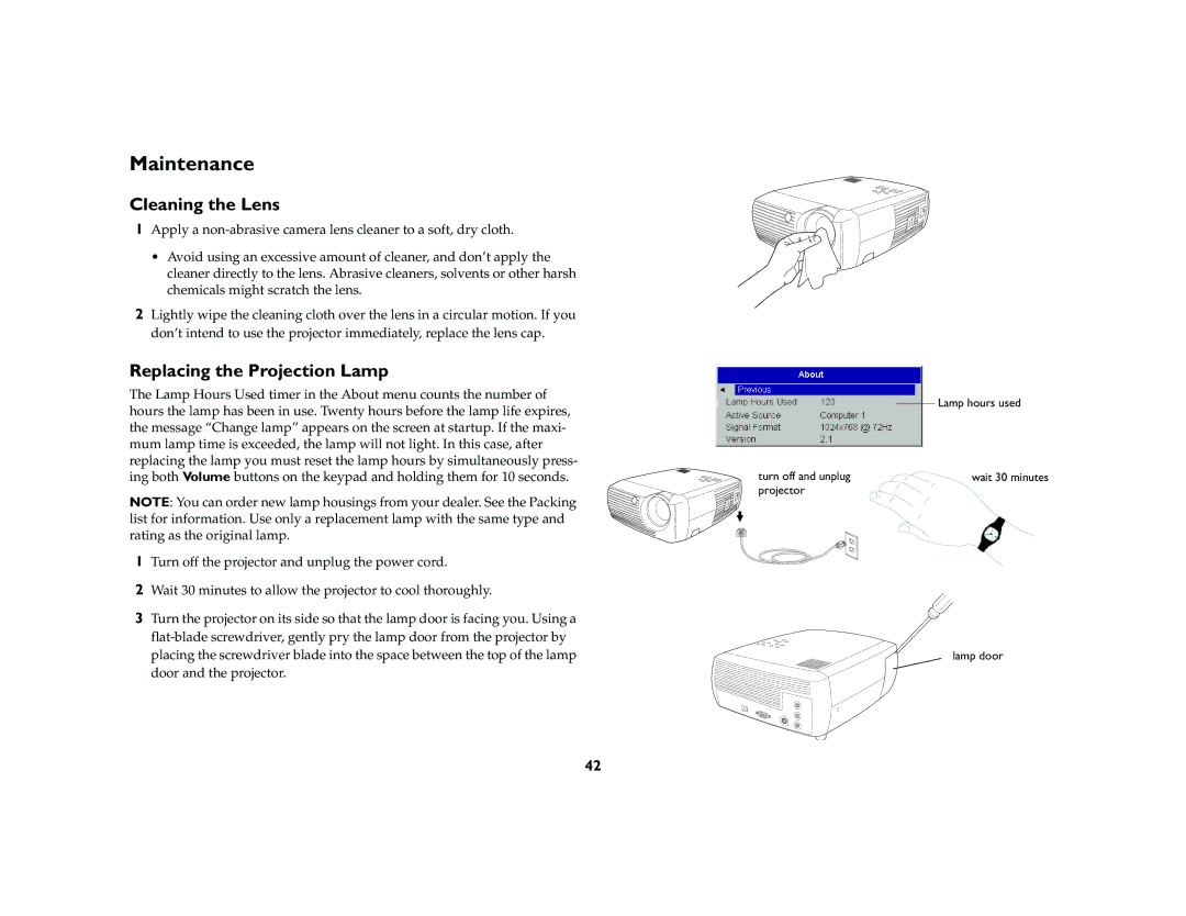 InFocus X1a manual Maintenance, Cleaning the Lens, Replacing the Projection Lamp 