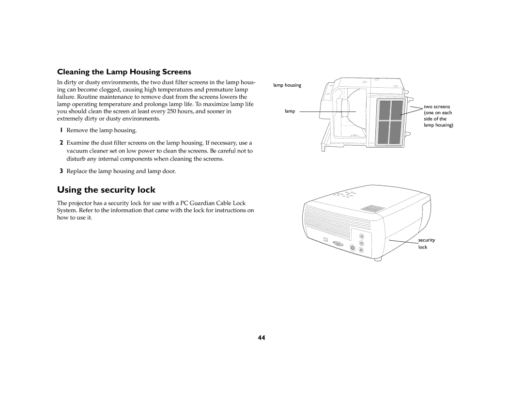 InFocus X1a manual Using the security lock, Cleaning the Lamp Housing Screens 