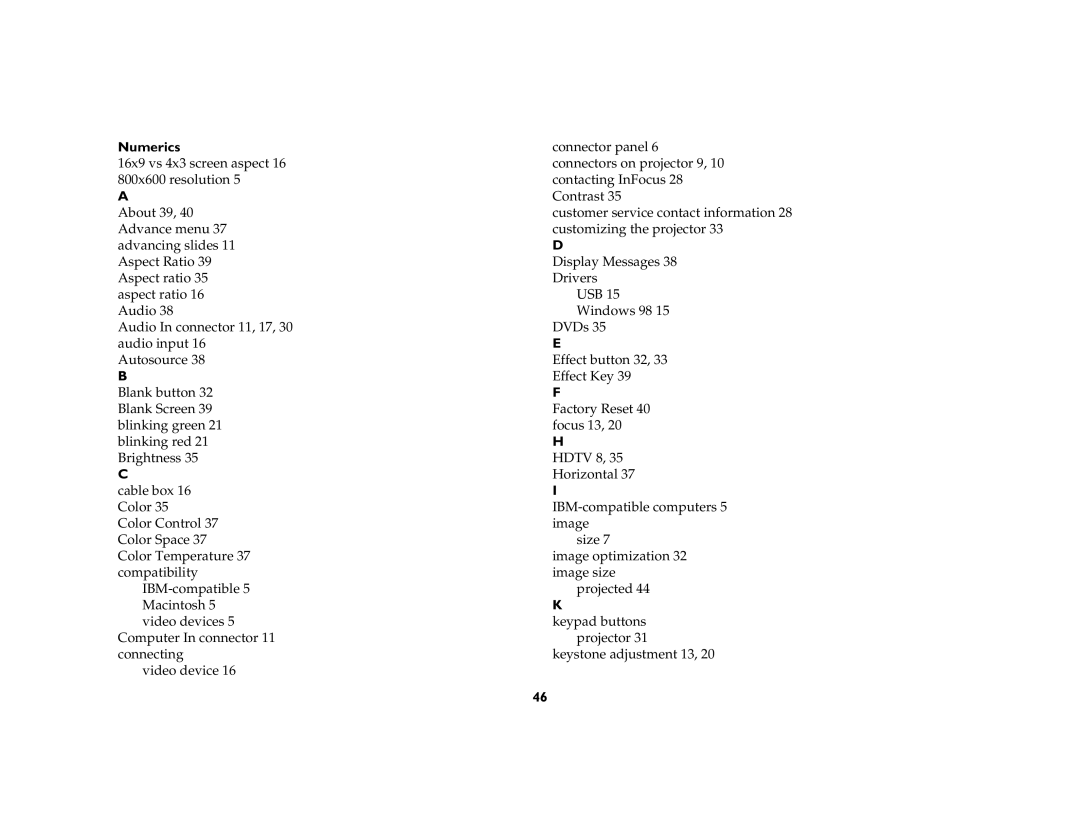 InFocus X1a manual Numerics 