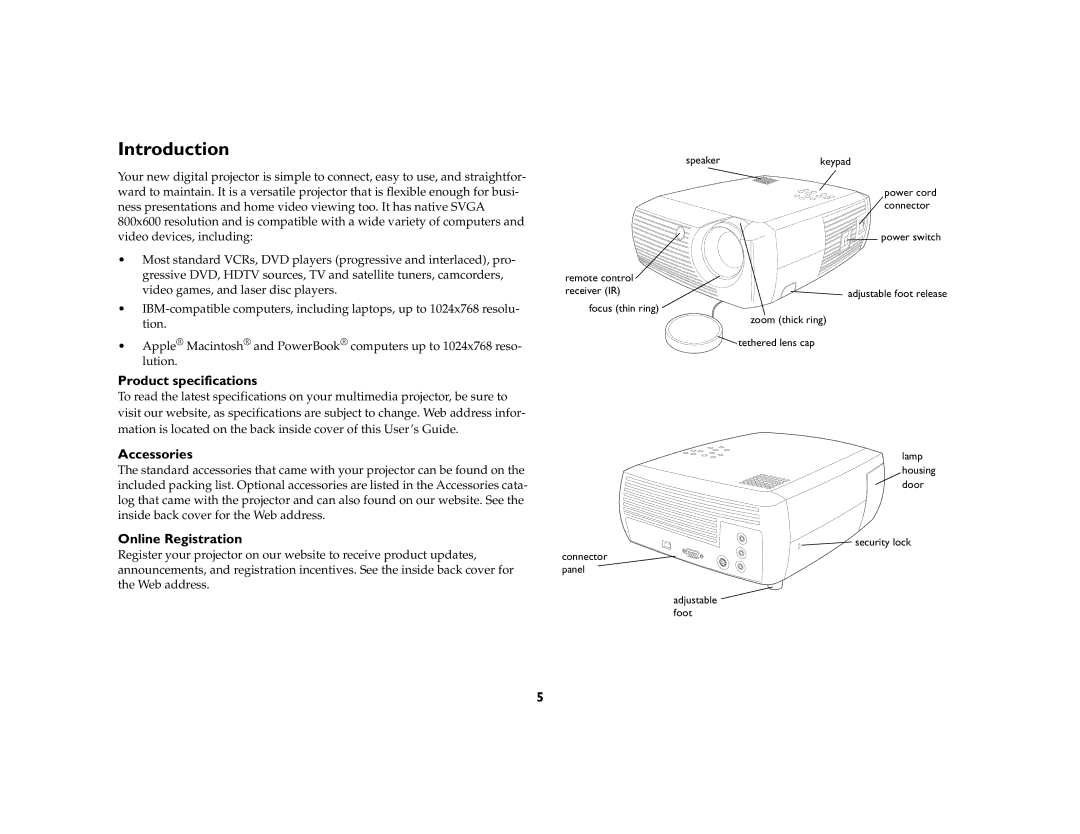 InFocus X1a manual Introduction, Product specifications, Accessories, Online Registration 