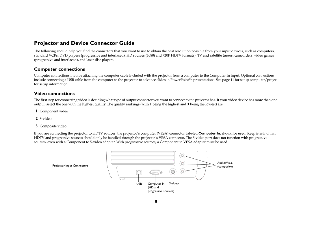 InFocus X1a manual Projector and Device Connector Guide, Computer connections, Video connections 