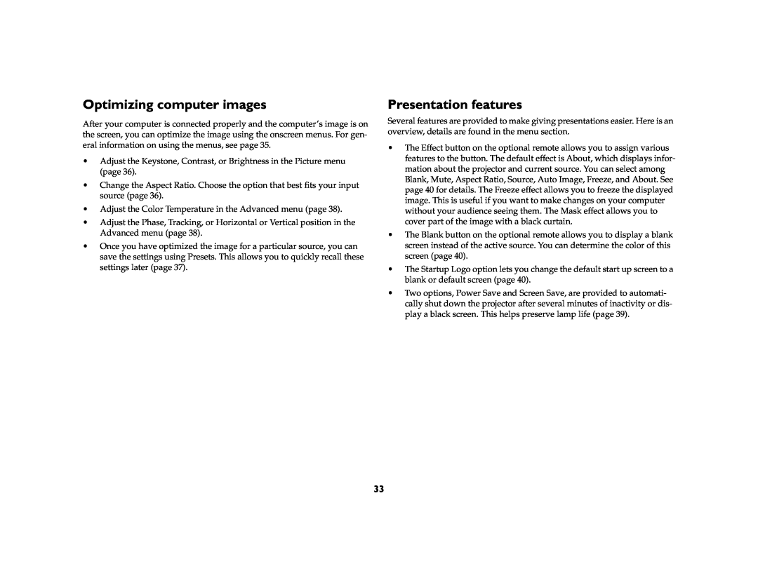 InFocus X1a manual Optimizing computer images, Presentation features 
