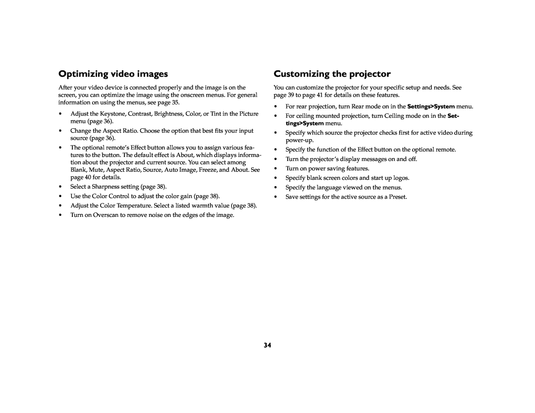 InFocus X1a manual Optimizing video images, Customizing the projector 