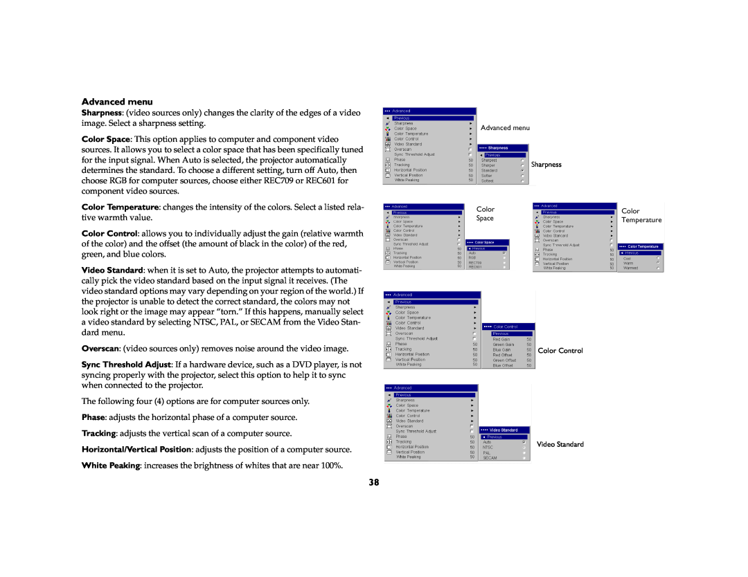 InFocus X1a manual Advanced menu 