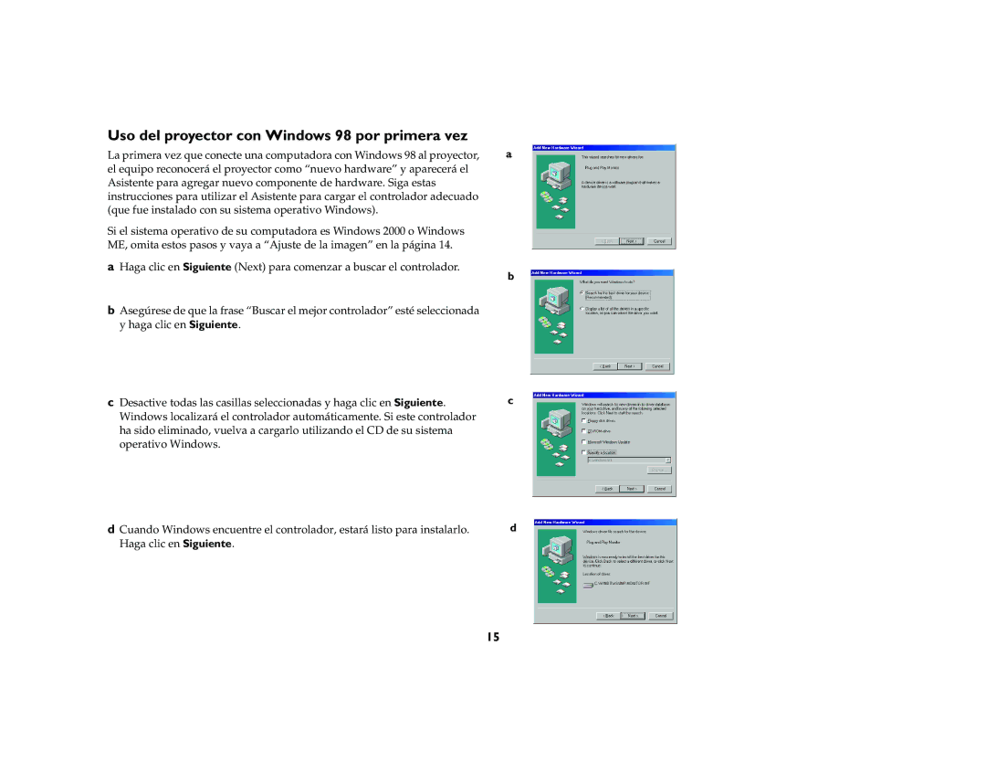 InFocus X2 manual Uso del proyector con Windows 98 por primera vez 