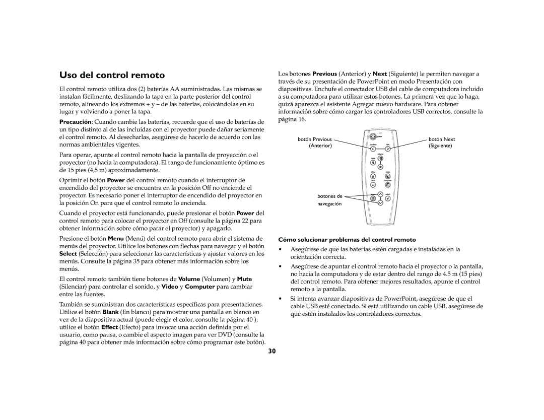 InFocus X2 manual Uso del control remoto, Cómo solucionar problemas del control remoto 