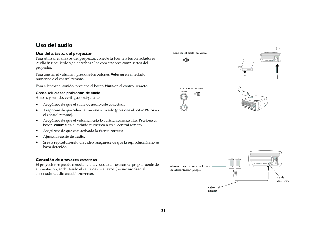 InFocus X2 manual Uso del audio, Uso del altavoz del proyector, Conexión de altavoces externos 