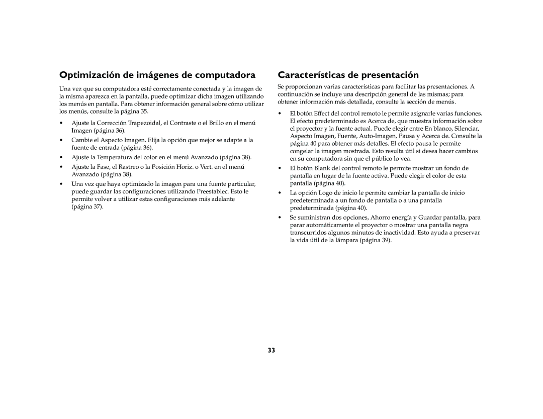 InFocus X2 manual Optimización de imágenes de computadora, Características de presentación 