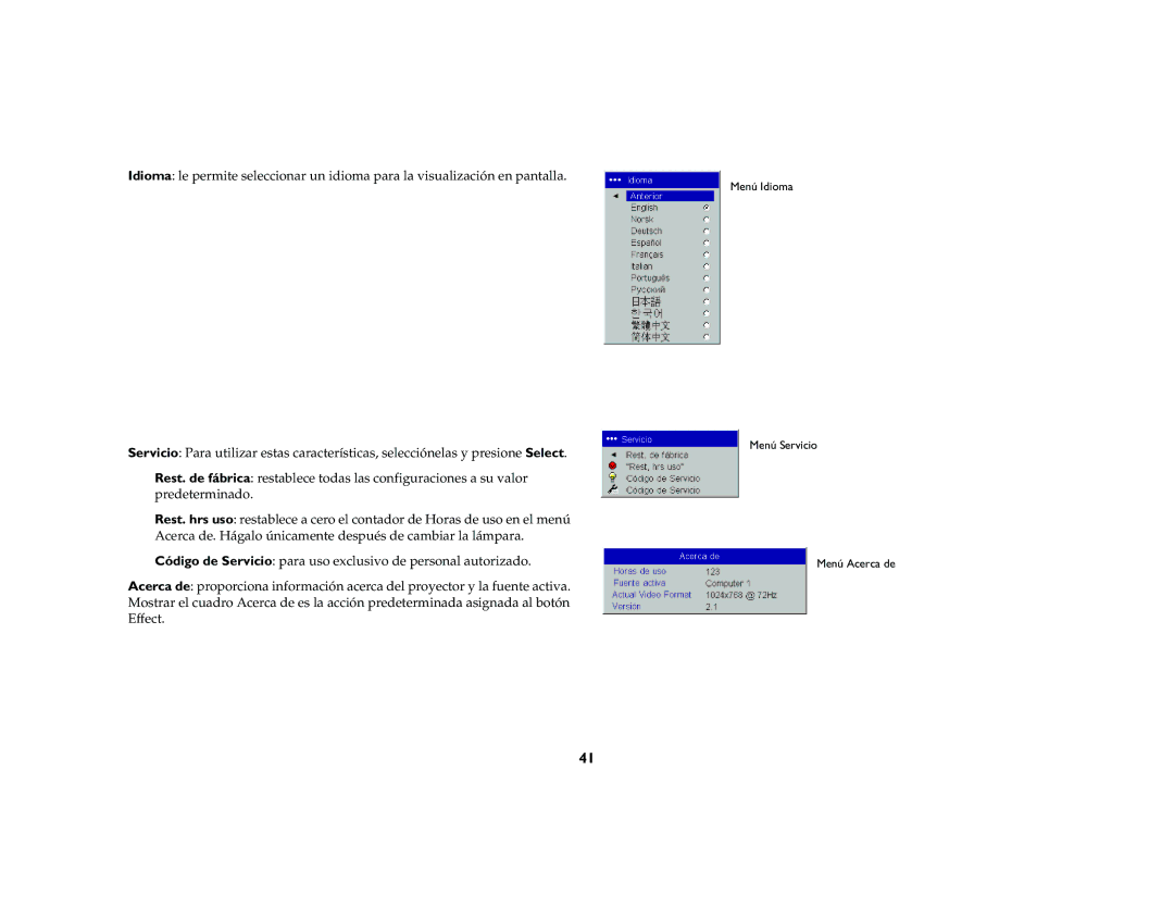 InFocus X2 manual Menú Idioma Menú Servicio Menú Acerca de 