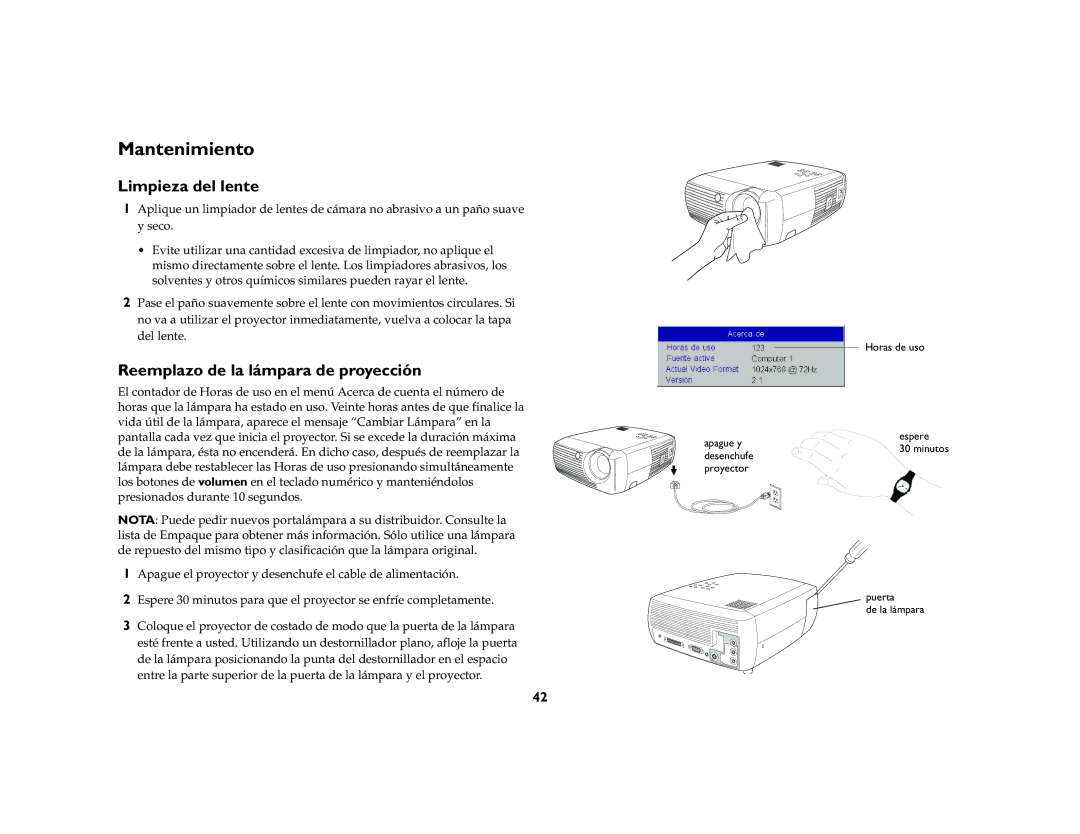 InFocus X2 manual Mantenimiento, Limpieza del lente, Reemplazo de la lámpara de proyección 