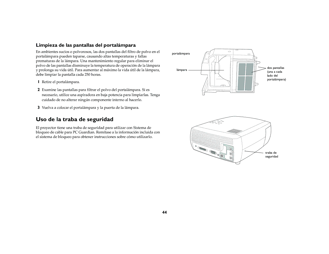 InFocus X2 manual Uso de la traba de seguridad, Limpieza de las pantallas del portalámpara 