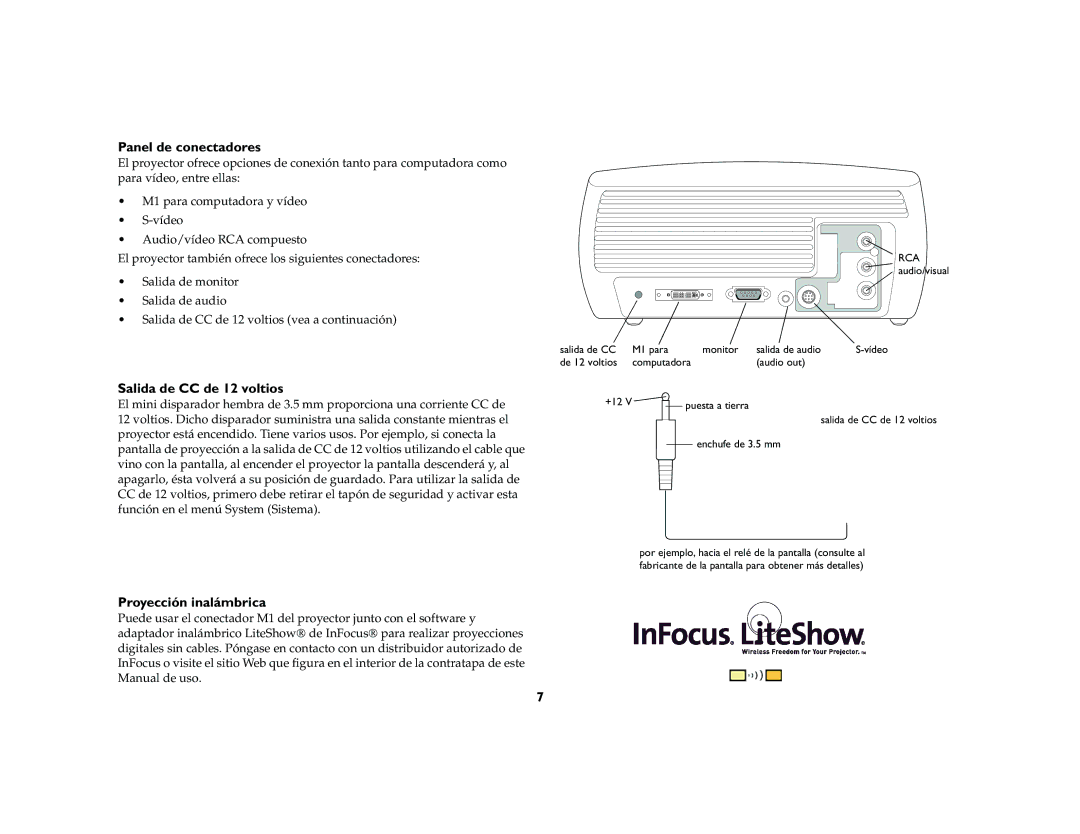 InFocus X2 manual Panel de conectadores, Salida de CC de 12 voltios, Proyección inalámbrica 