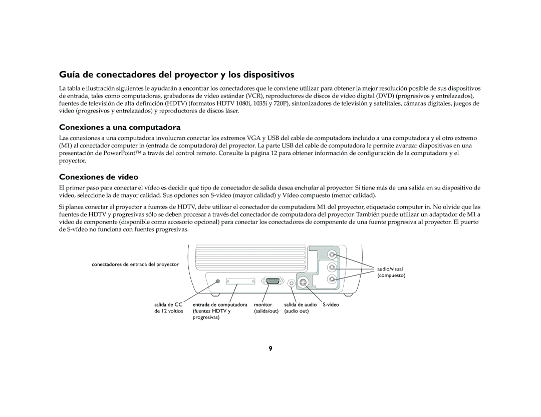 InFocus X2 manual Guía de conectadores del proyector y los dispositivos, Conexiones a una computadora, Conexiones de vídeo 