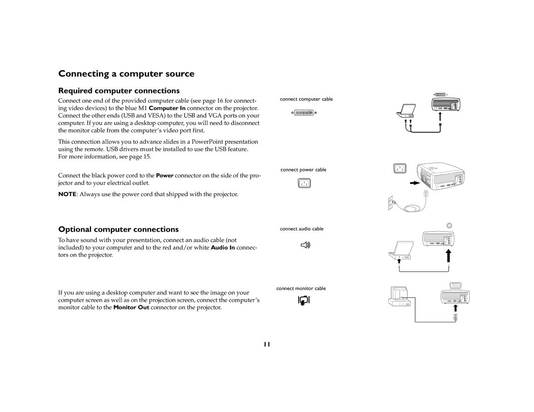 InFocus X2 manual Connecting a computer source, Required computer connections, Optional computer connections 