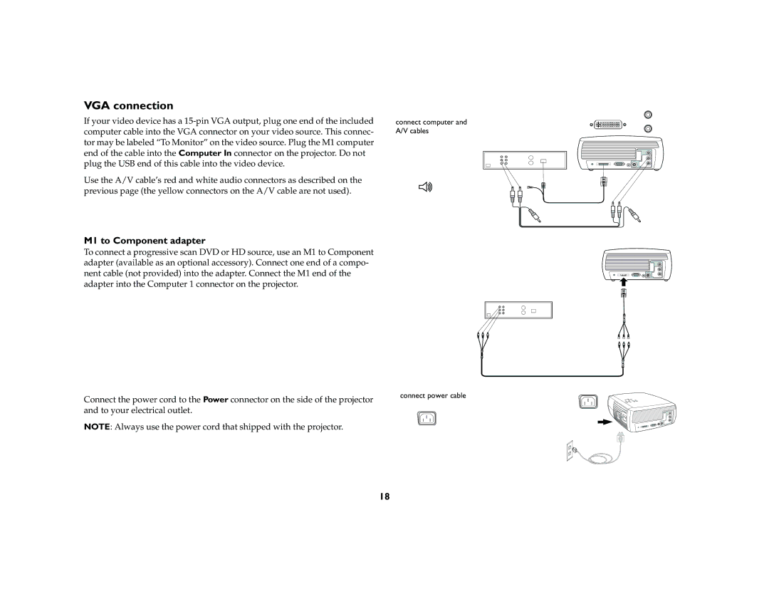 InFocus X2 manual VGA connection, M1 to Component adapter 