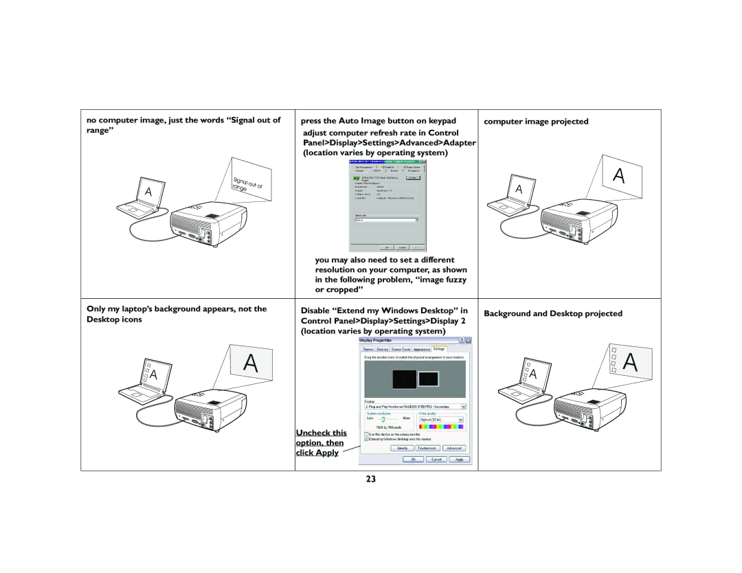 InFocus X2 manual No computer image, just the words Signal out of range, Press the Auto Image button on keypad 