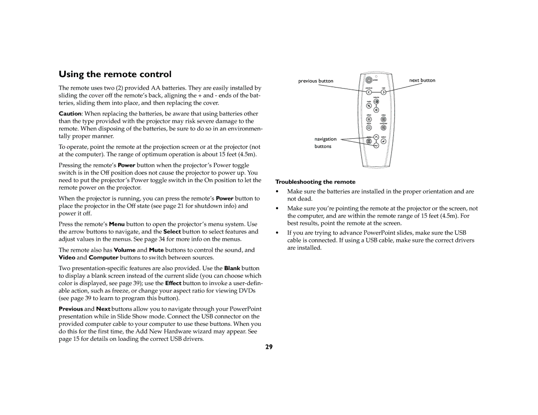 InFocus X2 manual Using the remote control, Troubleshooting the remote 