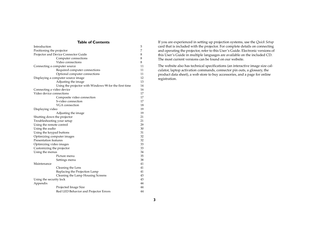 InFocus X2 manual Table of Contents 