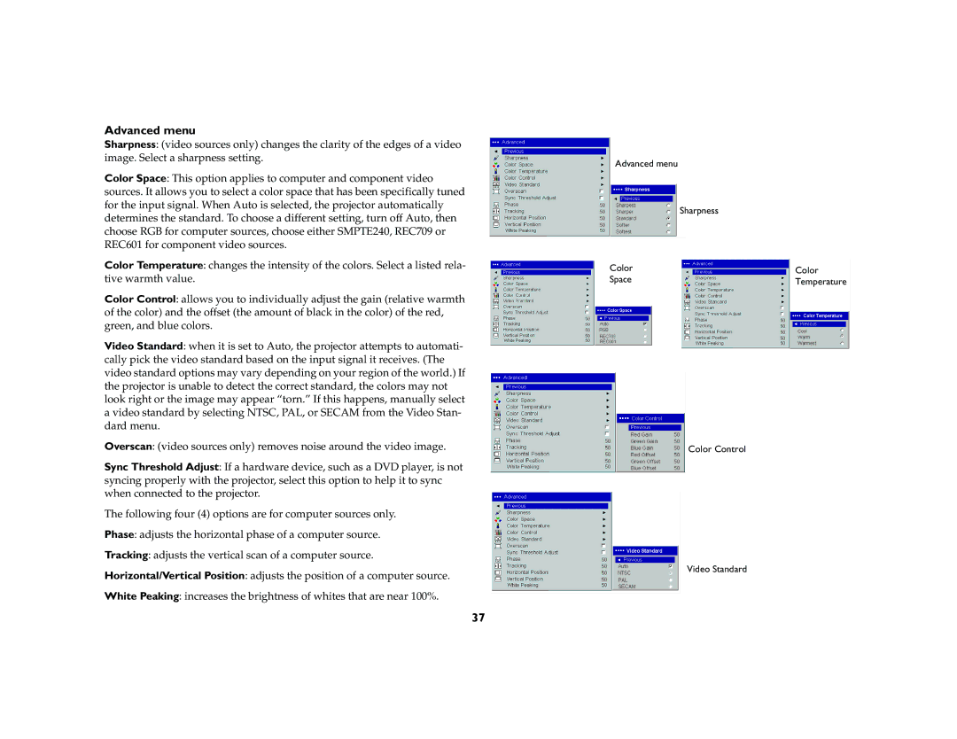 InFocus X2 manual Advanced menu 