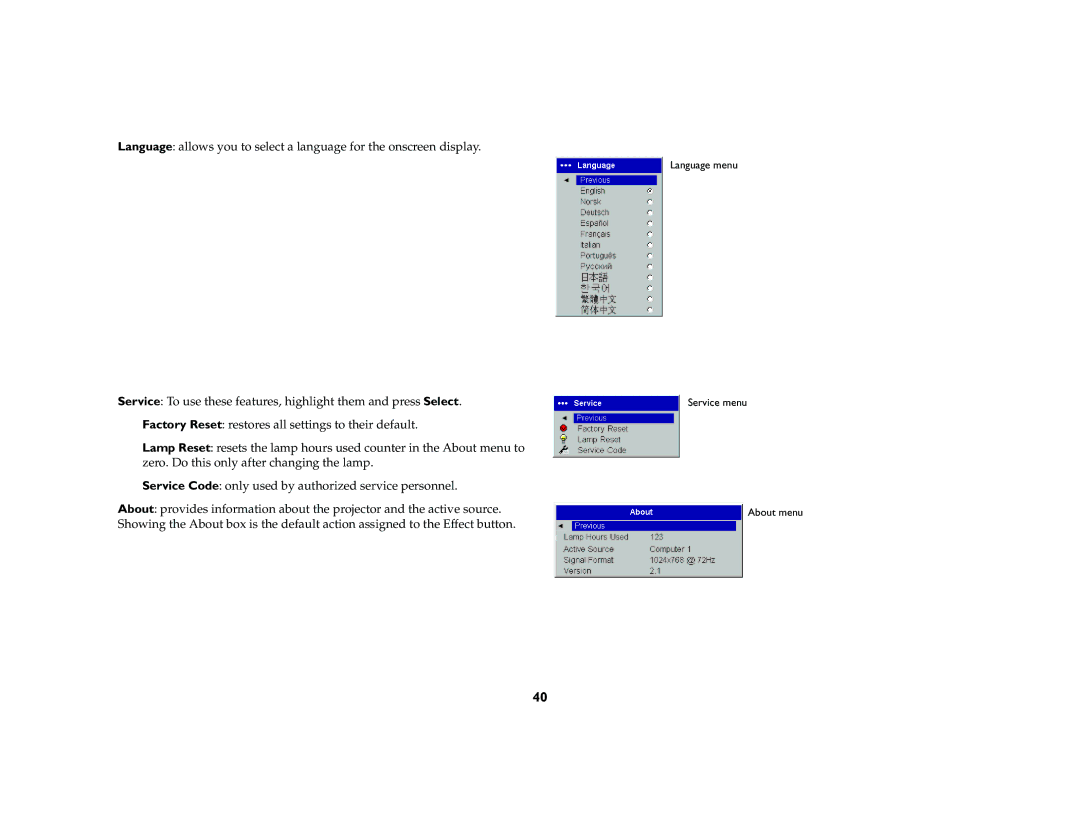 InFocus X2 manual Language menu Service menu About menu 