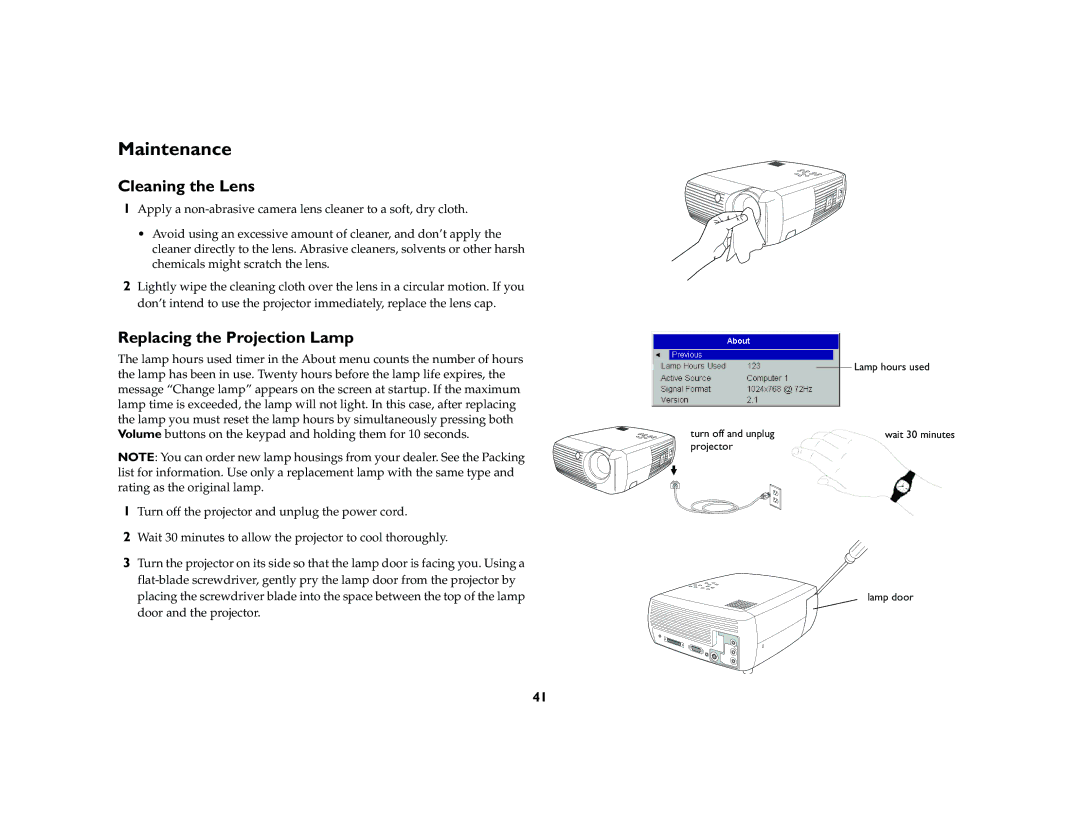 InFocus X2 manual Maintenance, Cleaning the Lens, Replacing the Projection Lamp 